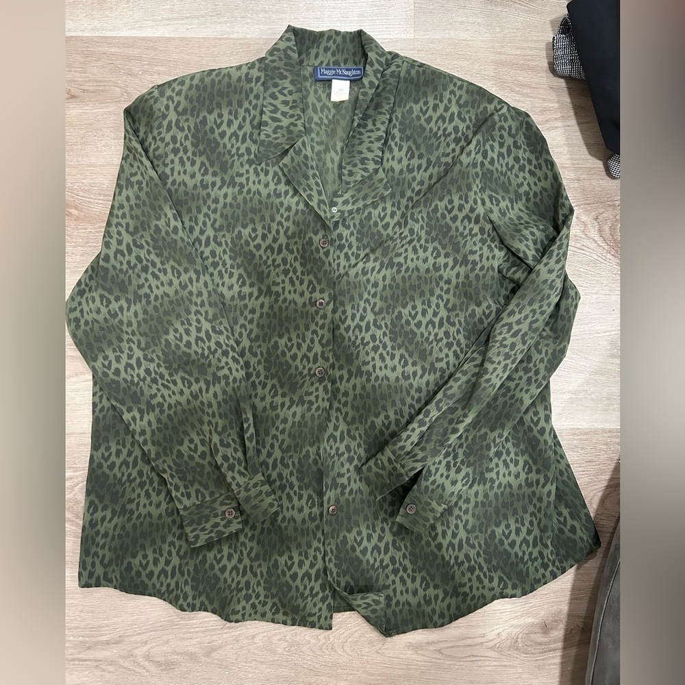 Vintage Maggy London Olive Green Leopard Print Button-Up Jacket